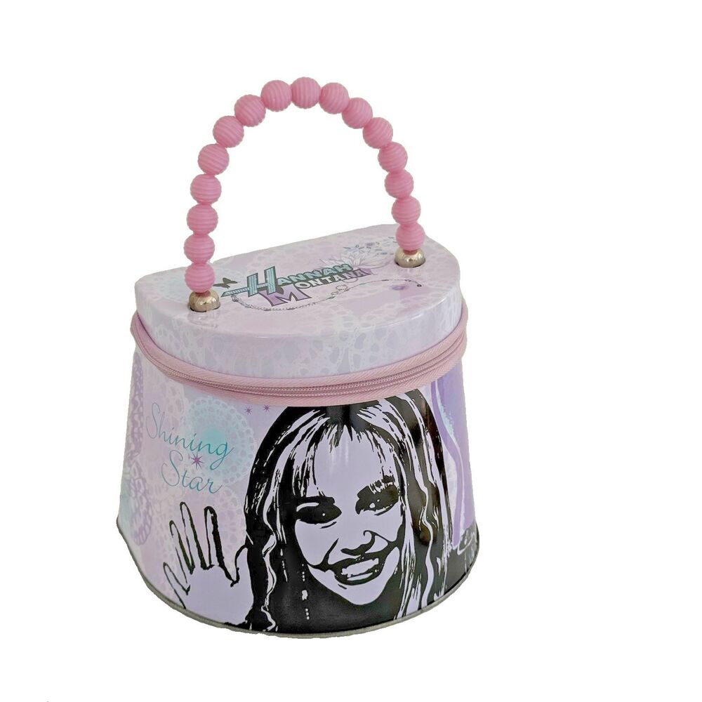 Y2K Hannah Montana Purple Unique Tin Can Case Tote Treasure Box with Handle Pink